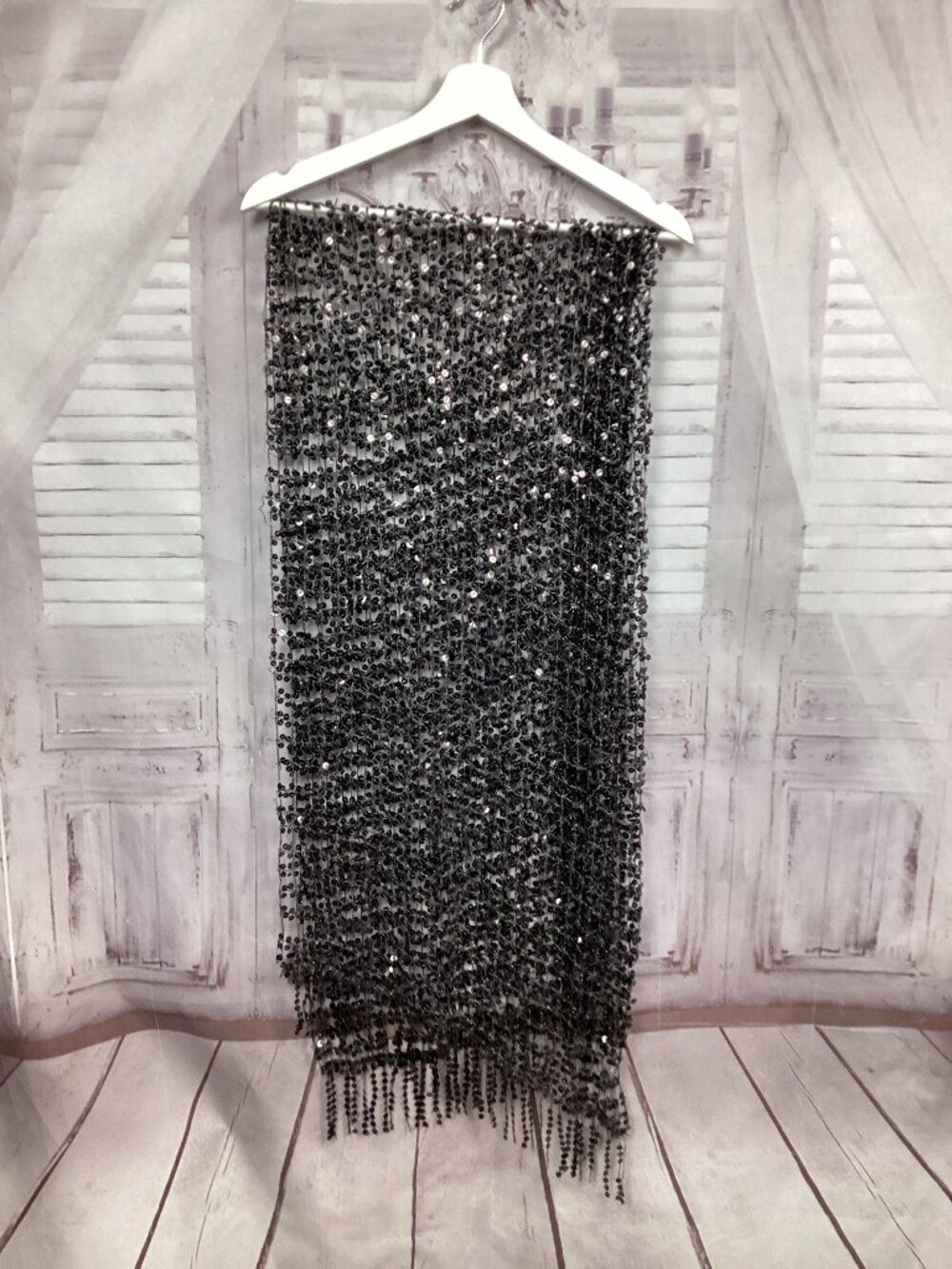 Black Sequin Mesh Scarf Wrap w/ Fringe